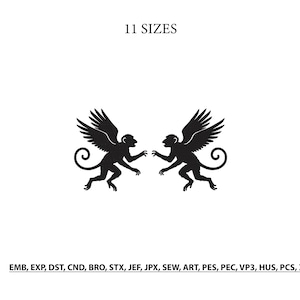 Può includere: Un design grafico nero che raffigura due scimmie alate simmetriche l'una di fronte all'altra. Il testo 11 SIZES appare in alto e il testo EMB, EXP, DST, CND, BRO, STX, JEF, JPX, SEW, ART, PES, PEC, VP3, HUS, PCS, XXX è stampato in basso.