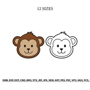 Puede incluir: Dos diseños de bordado de cabezas de mono, uno relleno con hilo marrón y beige y otro delineado en negro. El texto 12 SIZES aparece en la parte superior, y los formatos de archivo EMB, EXP, DST, CND, BRO, STX, JEF, JPX, SEW, ART, PES, PEC, VP3, HUS, PCS, XXX se enumeran debajo.