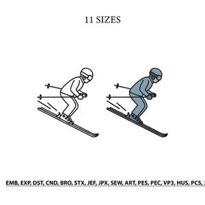 Puede incluir: Un diseño de bordado digital que muestra a dos esquiadores en movimiento, uno en blanco y negro y el otro relleno de azul. El texto 11 SIZES aparece en la parte superior, y los formatos de archivo EMB, EXP, DST, CND, BRO, STX, JEF, JPX, SEW, ART, PES, PEC, VP3, HUS, PCS, XXX se enumeran en la parte inferior.