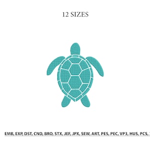 May include: A teal sea turtle embroidery design featuring a geometric shell pattern. The text 12 SIZES appears above the turtle, and the text EMB, EXP, DST, CND, BRO, STX, JEF, JPX, SEW, ART, PES, PEC, VP3, HUS, PCS, XXX appears below the turtle.