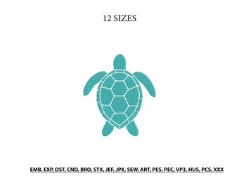 May include: A teal sea turtle embroidery design featuring a geometric shell pattern. The text 12 SIZES appears above the turtle, and the text EMB, EXP, DST, CND, BRO, STX, JEF, JPX, SEW, ART, PES, PEC, VP3, HUS, PCS, XXX appears below the turtle.