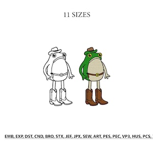 Puede incluir: Un diseño de bordado con dos ranas que llevan sombreros y botas de vaquero. Una rana es un dibujo de líneas en blanco y negro, y la otra está rellena de colores verde y beige. El texto 11 SIZES aparece arriba, y los formatos EMB, EXP, DST, CND, BRO, STX, JEF, JPX, SEW, ART, PES, PEC, VP3, HUS, PCS, XXX se enumeran abajo.