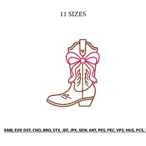 May include: A brown line art illustration of a cowboy boot adorned with a large pink bow and a small heart detail. The text 11 SIZES appears above the boot, and the file formats EMB, EXP, DST, CND, BRO, STX, JEF, JPX, SEW, ART, PES, PEC, VP3, HUS, PCS, XXX are listed below.