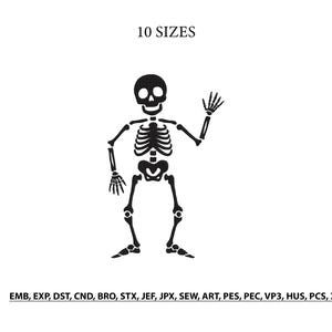 May include: A black embroidery design of a waving skeleton figure centered on a white background. The text 10 SIZES appears above the figure, and the text EMB, EXP, DST, CND, BRO, STX, JEF, JPX, SEW, ART, PES, PEC, VP3, HUS, PCS, XXX appears below.