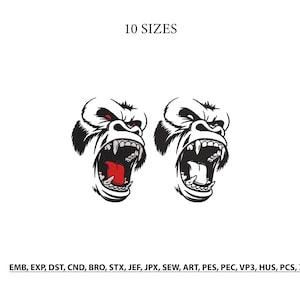 Può includere: Un disegno per ricamo digitale con due illustrazioni identiche di una testa di gorilla ringhiante in bianco e nero. Un gorilla ha la lingua rossa, l'altro la lingua bianca. Il testo recita 10 SIZES e EMB, EXP, DST, CND, BRO, STX, JEF, JPX, SEW, ART, PES, PEC, VP3, HUS, PCS, XXX.