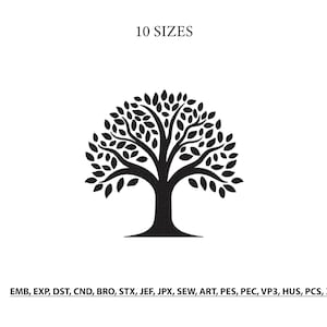 May include: A black digital embroidery design of a tree with a rounded canopy of leaves. The text 10 SIZES appears above the tree, and the file formats EMB, EXP, DST, CND, BRO, STX, JEF, JPX, SEW, ART, PES, PEC, VP3, HUS, PCS, XXX are listed below.