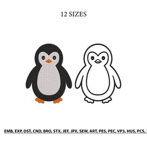 Può includere: Due disegni di pinguini. Uno è un pinguino in bianco e nero con piedi e becco arancioni. L'altro è un contorno nero di un pinguino. Il testo "12 TAGLIE" è sopra i pinguini. Sotto c'è un elenco di formati di file.