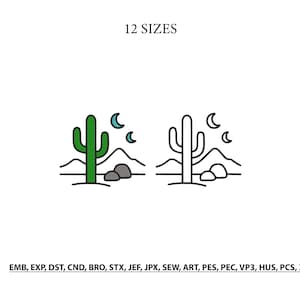 Pode incluir: Um design de bordado digital com dois ícones de cacto com montanhas, duas luas crescentes e duas rochas. Um cacto é verde, o outro é um contorno. O texto diz 12 SIZES e EMB, EXP, DST, CND, BRO, STX, JEF, JPX, SEW, ART, PES, PEC, VP3, HUS, PCS, XXX.