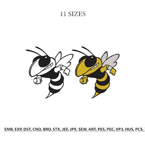 May include: An embroidery design featuring two cartoon wasps in a dynamic pose. One wasp is outlined in black and white, while the other is colored in yellow, black, and white. The text 11 SIZES appears at the top, and file formats are listed at the bottom.