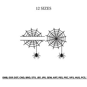 May include: A black digital embroidery design featuring two spider web motifs, one with a horizontal blank space for text and one complete web, each with a dangling spider. The text 12 SIZES appears at the top, and file formats are listed at the bottom.