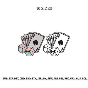 May include: An embroidery design featuring two sets of playing cards and dice. One set includes coloured pips and suits, while the other is black and white. Text reads 10 SIZES and EMB, EXP, DST, CND, BRO, STX, JEF, JPX, SEW, ART, PES, PEC, VP3, HUS, PCS, XXX.