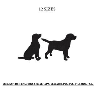 May include: A black embroidery design featuring two dog silhouettes, one sitting and one standing. The text 12 SIZES appears at the top, and the file formats EMB, EXP, DST, CND, BRO, STX, JEF, JPX, SEW, ART, PES, PEC, VP3, HUS, PCS, XXX are listed below.