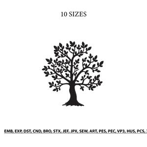 May include: A black silhouette of a tree with a full canopy of leaves. The image includes the text "10 SIZES" at the top and a list of file formats at the bottom. The tree design is centered on a white background.