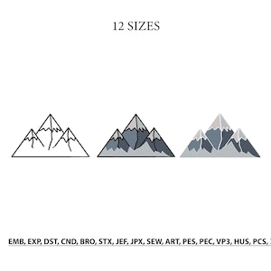 Puede incluir: Tres ilustraciones de montañas dispuestas horizontalmente. La primera es un contorno negro, la segunda está rellena de gris y azul oscuro, y la tercera presenta un relleno texturizado gris y azul. El texto dice 12 SIZES y EMB, EXP, DST, CND, BRO, STX, JEF, JPX, SEW, ART, PES, PEC, VP3, HUS, PCS, XXX.