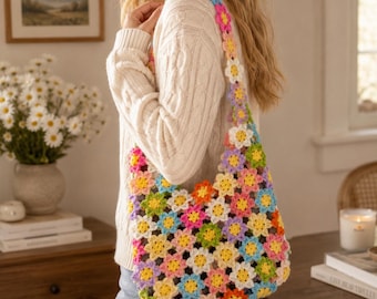 Handmade Crochet Flower Bag, granny square toteTote Bag, Vintage Floral Shoulder Purse, Cottagecore Summer Bag, Gift for Her, Wedding's gift
