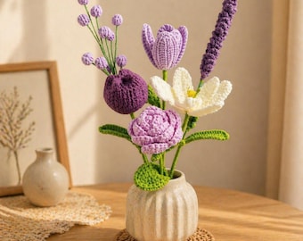 かぎ針編みの花束、手編みの花、永遠の花の贈り物、デスクの装飾、彼女への誕生日プレゼント、母の日の贈り物、家の装飾