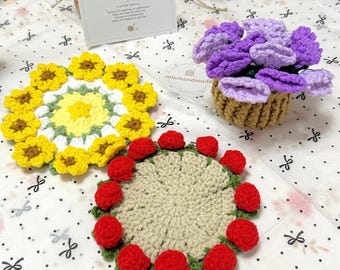 Juego de posavasos de flores de ganchillo, posavasos floral hecho a mano, bonito soporte para tazas, decoración del hogar estilo cottagecore, regalo de inauguración de casa para mujeres