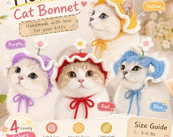 かぎ針編みの花柄猫用ボンネット、手作りの猫用コスチューム、柔らかい毛糸のペット用アクセサリー、写真撮影用小道具