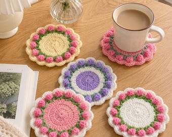 Posavasos de flores de ganchillo, posavasos floral hecho a mano, bonito posavasos para tazas de café, decoración de mesa estilo cottagecore, regalo para ella, regalo para amantes del té