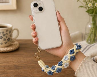かぎ針編みのスマホストラップキーホルダー、手作りの花柄リストストラップ、かわいいスマホチャーム、キーホルダー、彼女へのギフト、バッグチャームアクセサリー