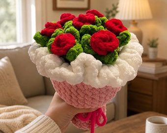 かぎ針編みの花束、手作りのバラの花束、永遠の花の贈り物、彼女への誕生日プレゼント、記念日の贈り物、家の装飾、母の日の贈り物