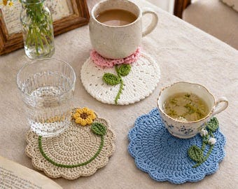 Juego de posavasos de flores de ganchillo, posavasos florales hechos a mano, posavasos bonitos, decoración para mesa de centro, regalo de inauguración de casa