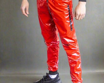 Premium PVC patent leather trousers with or without crotch zipper, red/black, sizes 2XS - 3XL