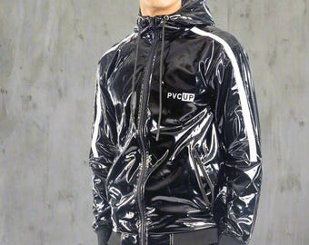 High Gloss Shiny PVC Jacket with Hood and Soft-Touch Inner Lining