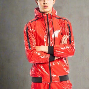Premium PVC patent leather jacket with hood, red/black, sizes 2XS - 3XL