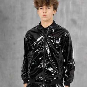 High Shine Black PVC Jacket without Hood - Soft-Touch Inner Lining image 1