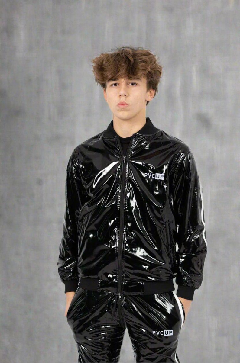 High Shine Black PVC Jacket without Hood - Soft-Touch Inner Lining image 1