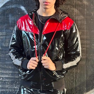 PVC Hooded Jacket with Latex Look Finish Black Red 2XS - 3XL