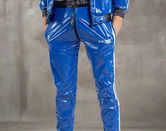 Glossy Blue PU Nylon pants with or without crotch zip
