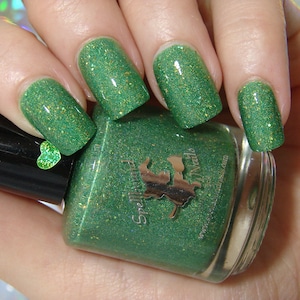 Green holographic gold glitter indie nail polish - Spellbound Nails Envy