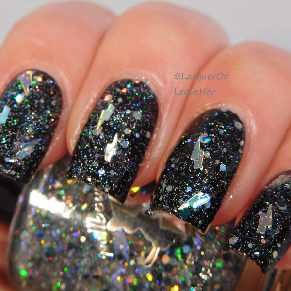 Transsexual Transylvania - custom holographic silver black lightning bolt glitter topper nail polish