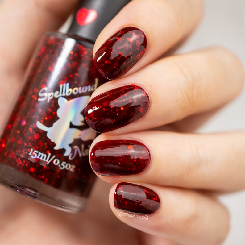 Dionysus Greek Gods and Goddesses wine red nail polish with red holographic glitter image 3