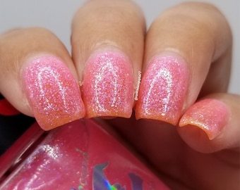 Hebe - Greek Gods and Goddesses [bright pastel pink shimmer nail polish with rainbow and neon pink flakies glow in the dark]