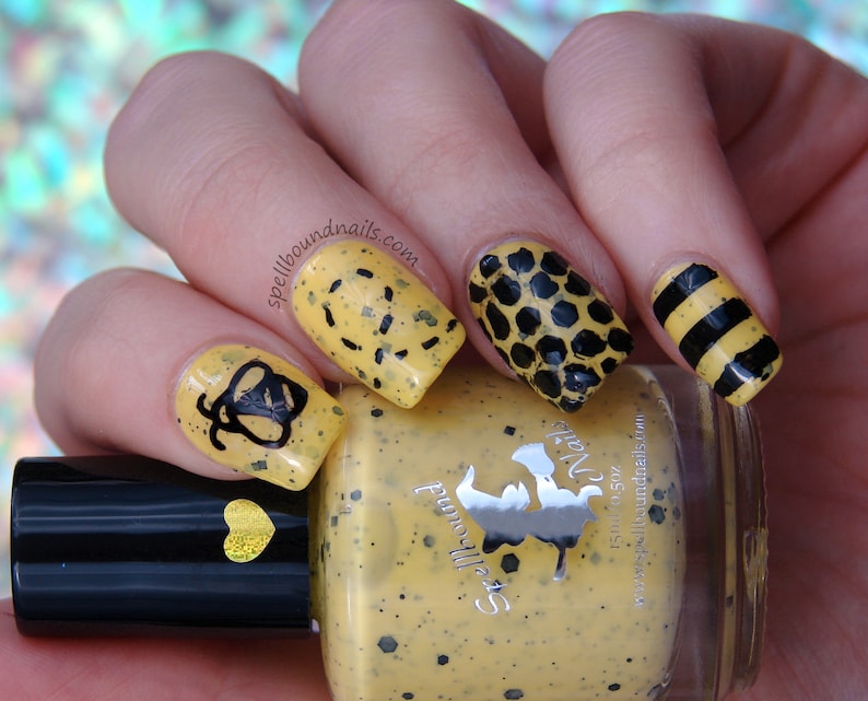 Buzzy Bee custom yellow crelly black glitter nail polish image 10