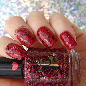 Heartthrob - Rainbow Monthly February Reds red black mini heart glitter topper nail polish