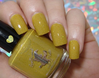 Greed - custom Seven Deadly Sins mustard yellow holographic gold micro shred glitter nail polish