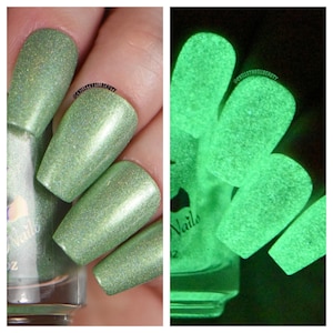 Cool Beans - custom handcrafted green holographic glow in the dark nail polish