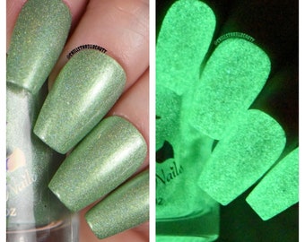 Cool Beans - custom handcrafted green holographic glow in the dark nail polish