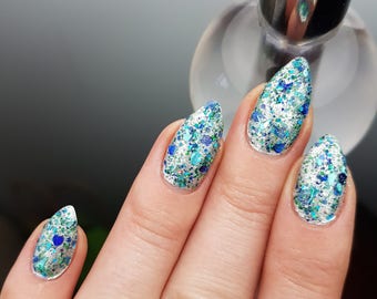 Great Lake - custom handcrafted glitter topper blue green holographic mini hearts nail polish