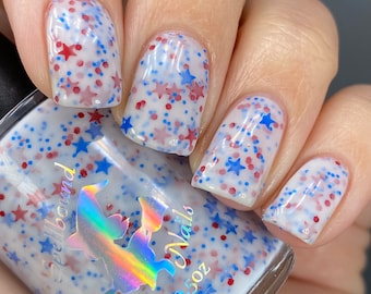 White crelly with red and blue glitter indie nail polish - Spellbound Nails Star Spangled