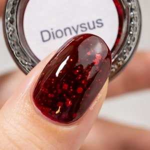 Dionysus Greek Gods and Goddesses wine red nail polish with red holographic glitter image 4