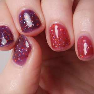 Two Faced custom handcrafted purple to red thermal glitter nail polish image 1