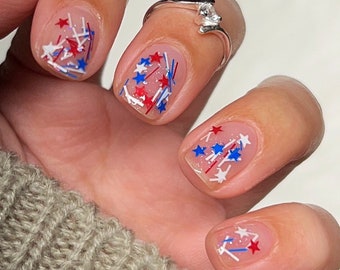 Red, white and blue stars, bars and shimmer glitter topper indie nail polish - Spellbound Nails Bombs Bursting in Air