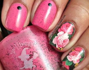 Hot pink indie nail polish with black glitter - Spellbound Nails Watermelon Seeds