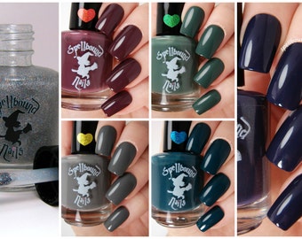 The Darks with free holographic topper - custom handcrafted dark colored creme nail polish collection