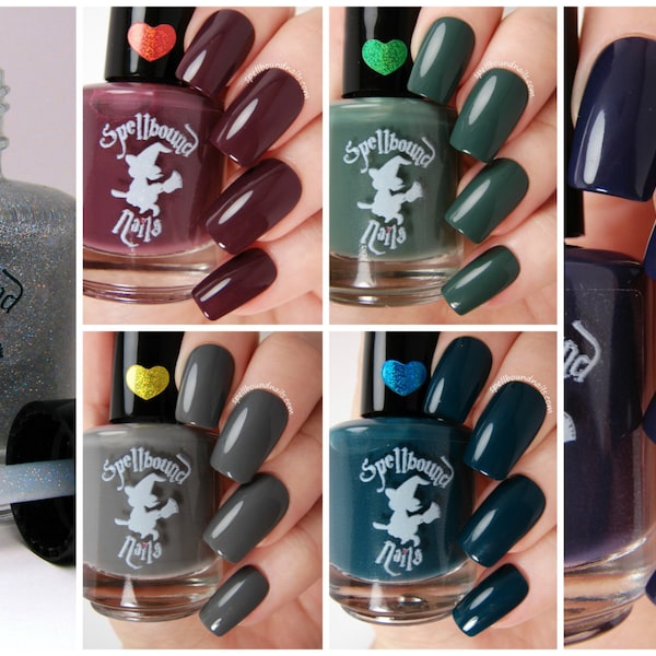 The Darks with free holographic topper - custom handcrafted dark colored creme nail polish collection